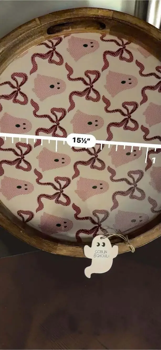 Goblin & Ghoul 15.5-inch Round Wooden Serving Tray with Pink Ghost and Bow Patte